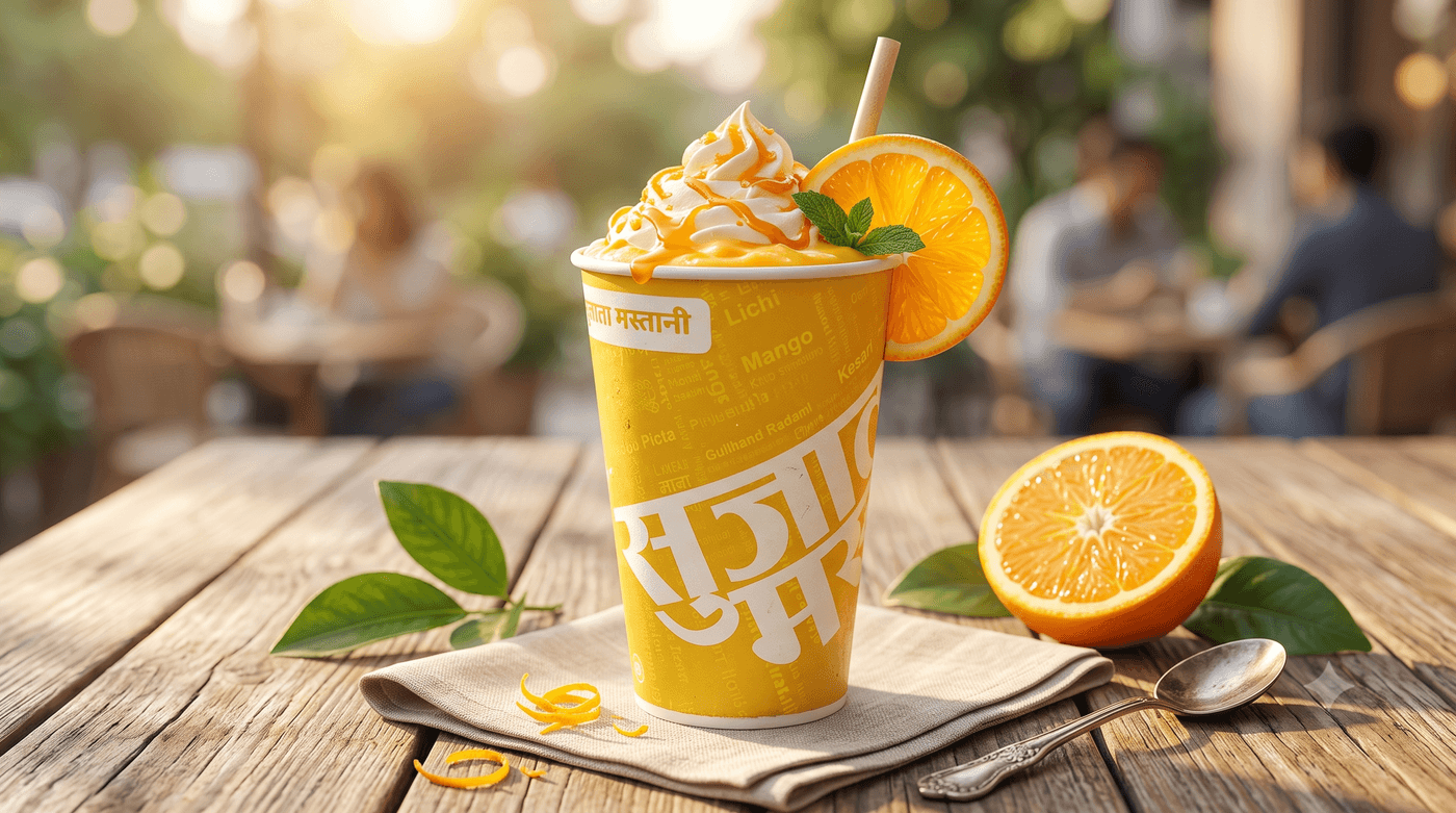 A Sujata Mastani mango cup, topped with cream and mango, on an outdoor table