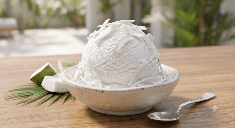 A bowl of tender coconut ice cream with coconut shavings