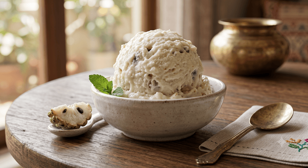 A bowl of sitaphal (custard apple) ice cream